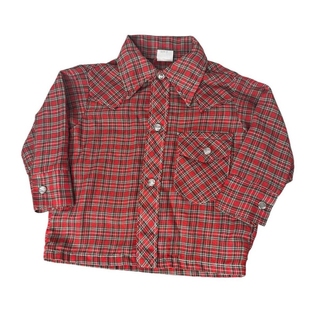 Vtg Red Green Plaid Toddler Pearl Snap Long Sleeve Western Shirt Sz 2 Christmas